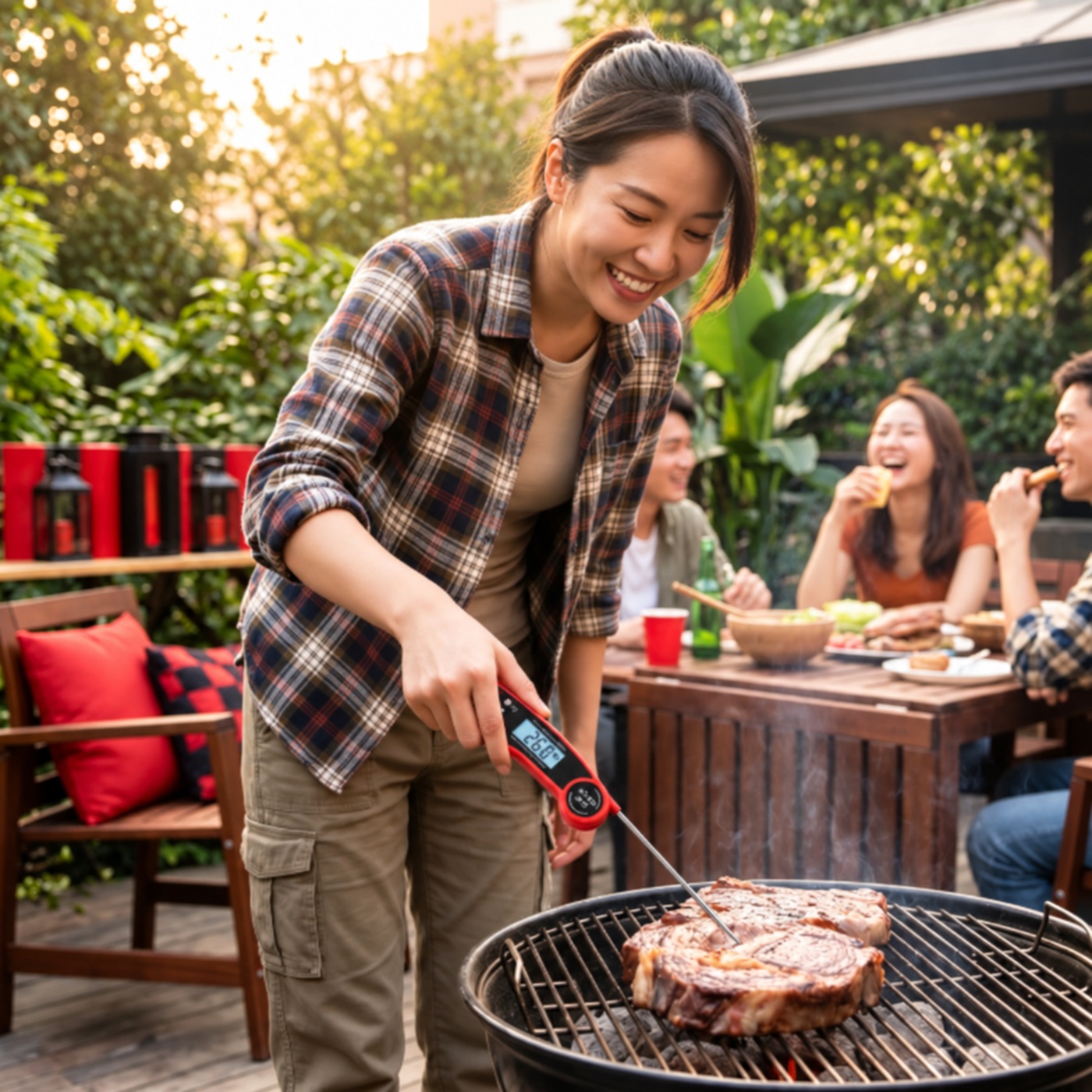 FoldMark instant-read thermometer checking meat on a backyard grill